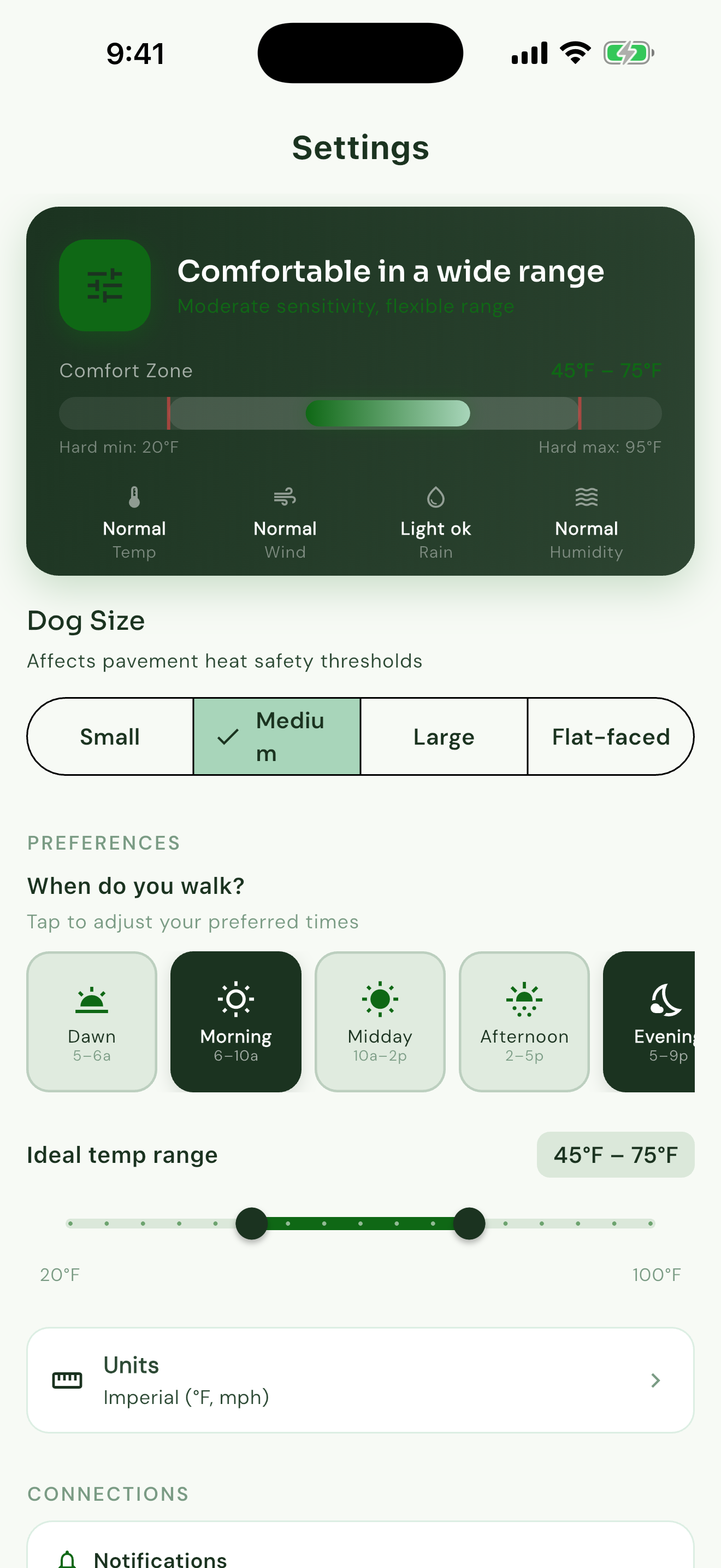 Walk Window settings showing walking preferences