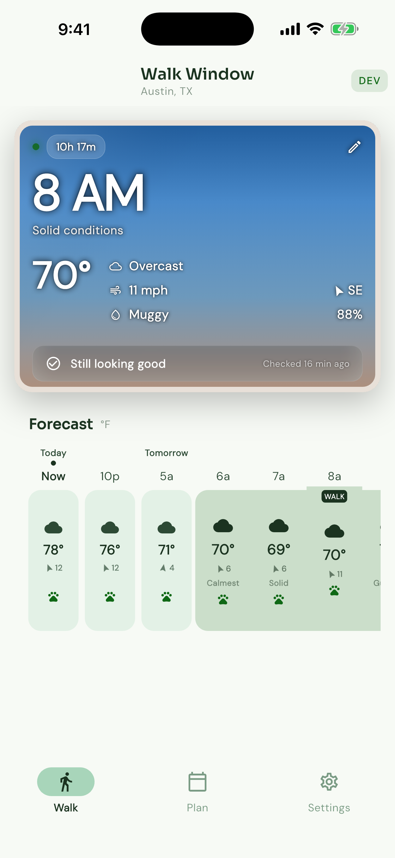Walk Window's weather watch showing live conditions for a planned walk